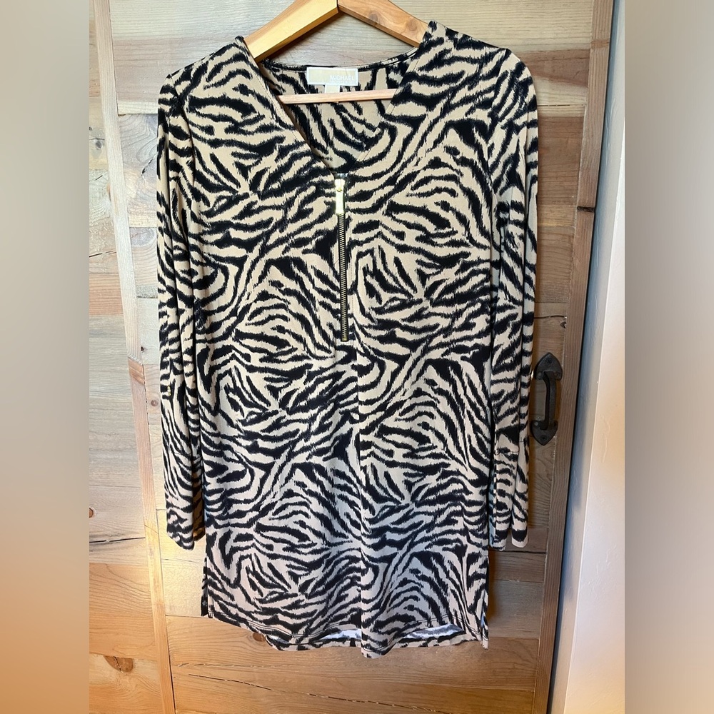 Michael Kors zebra stripe on tan 1/2-zip tunic.